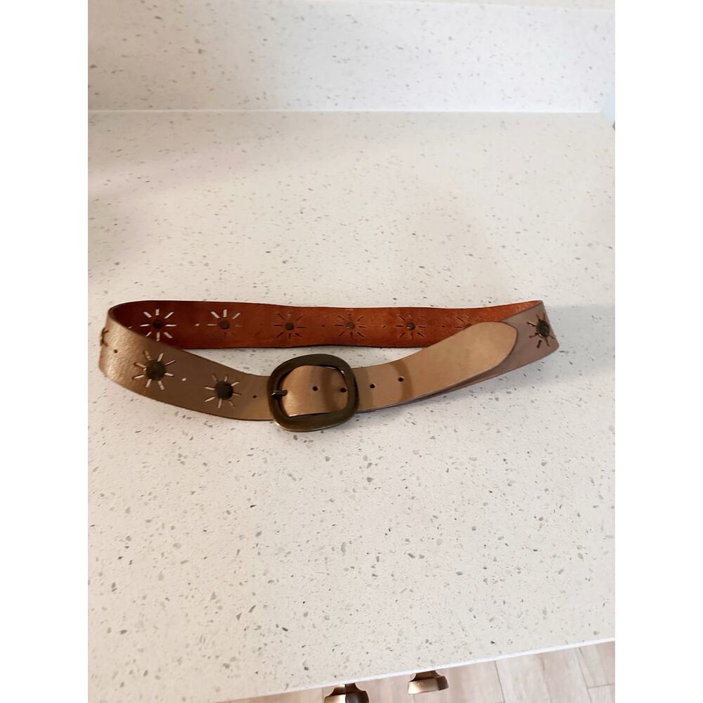 Brown Genuine Leather Boho Belt Dark Buckle Sunburst Cutout Western Festival